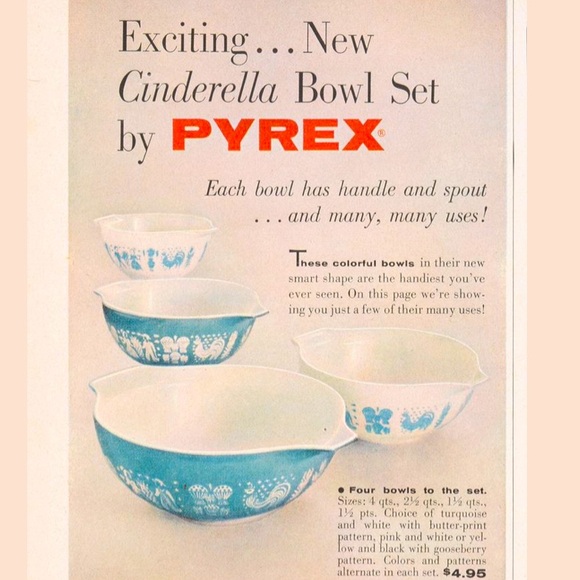 Vintage PYREX Cinderella bowl white aqua Amish1957 Butterprint